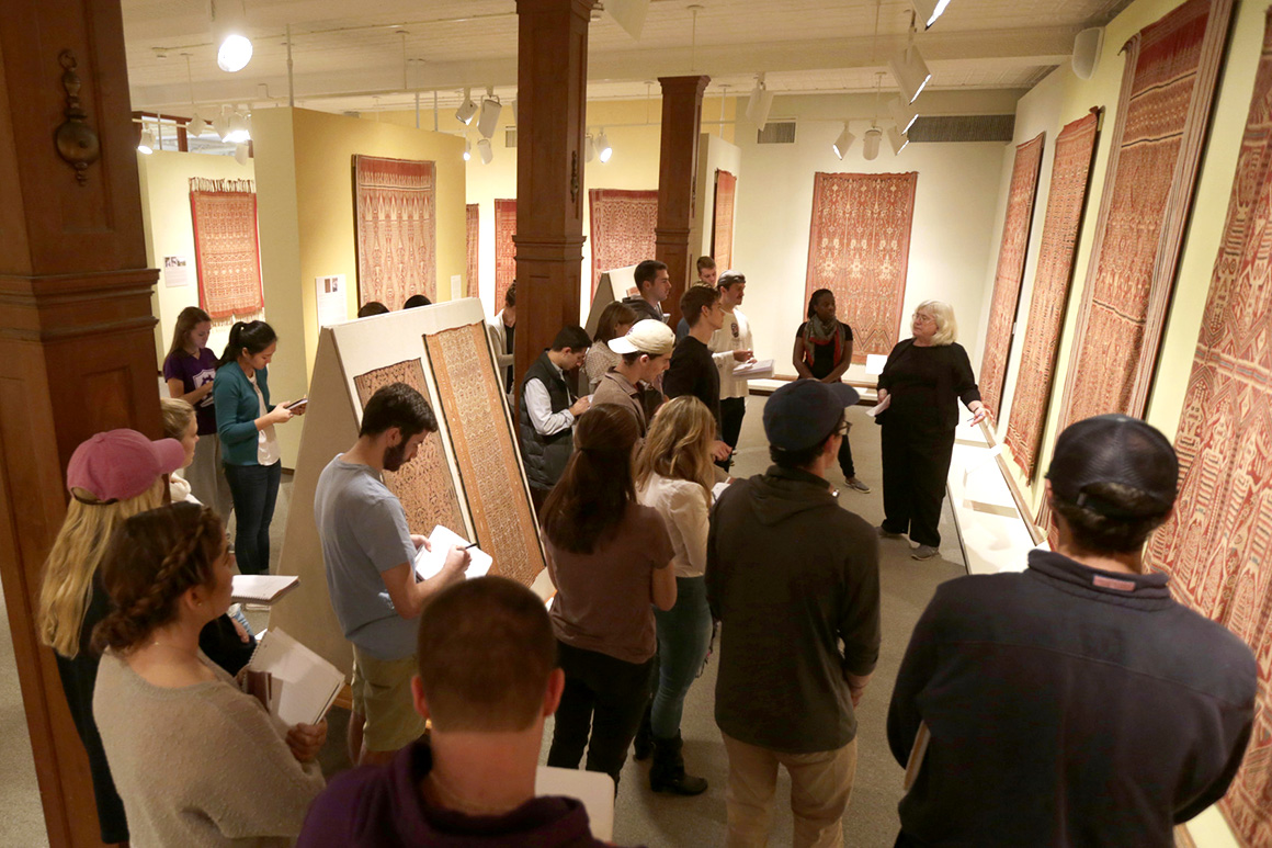 usan Rogers, professor emerita of anthropology, discusses the "Woven Power: Ritual Textiles of Sarawak and West Kalimantan" exhibit in the Cantor Art Gallery. Rogers served as guest curator for the exhibit. 