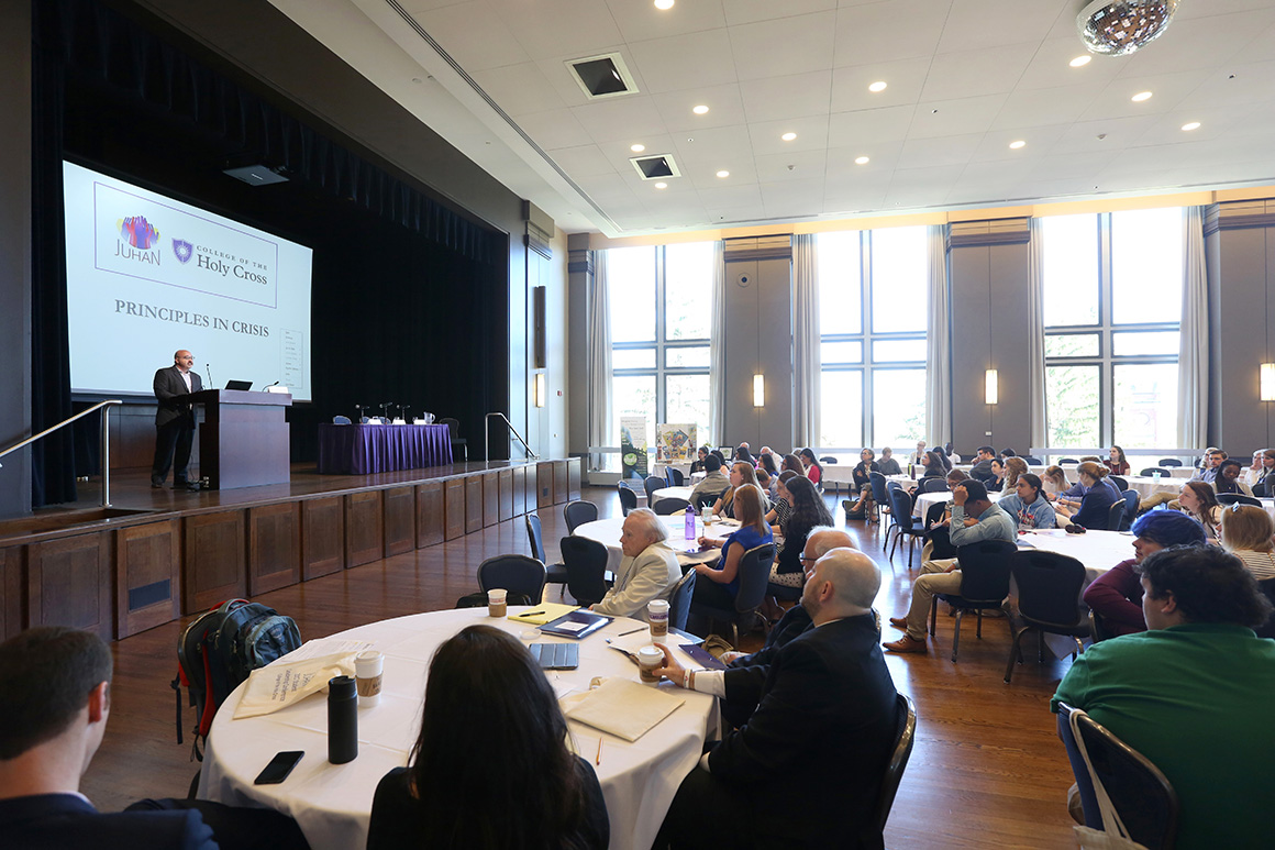 Michael Barnett, University Professor of International Affairs and Political Science at the George Washington University, gives a keynote address titled “What Does the Refugee Crisis Tell us about the State of Humanitarianism?” at the Jesuit Universities Humanitarian Action Network Conference, which was held at Holy Cross in 2017. 