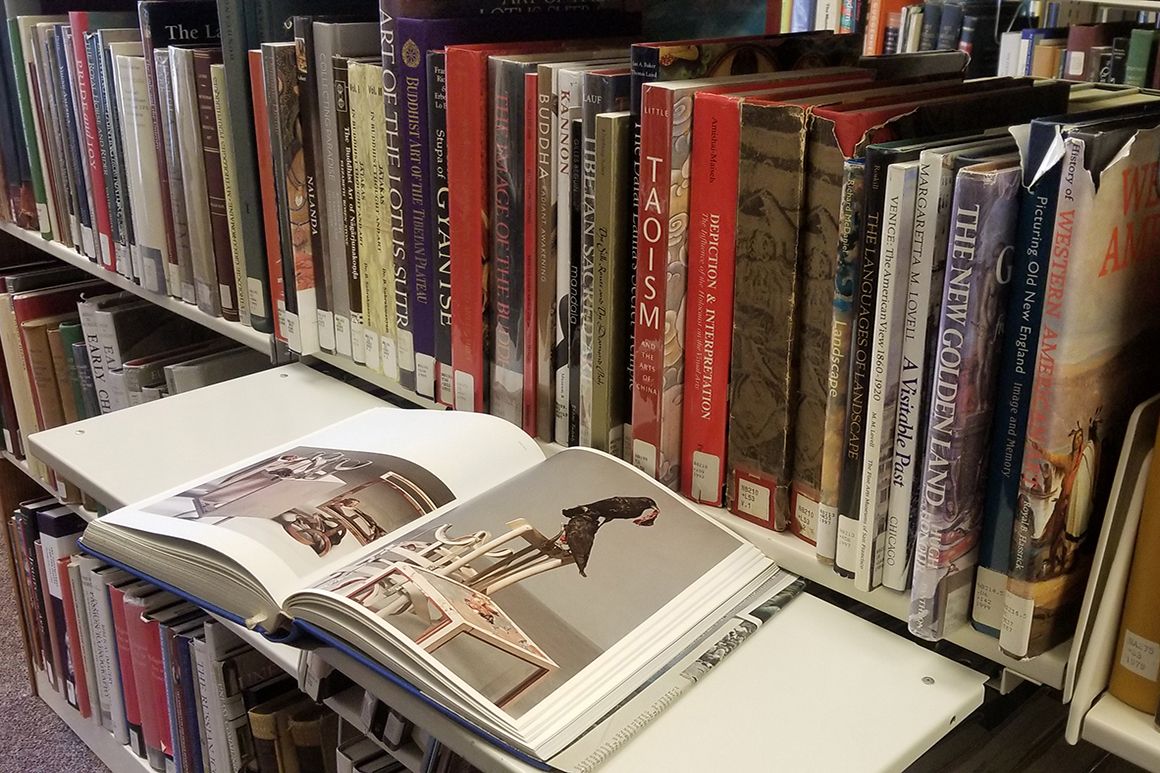 books in the stacks of dinand library