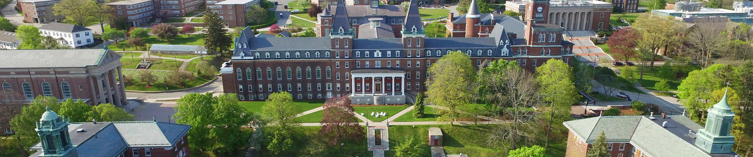 aerial view of the Holy Cross campus with Fenwick Hall at center