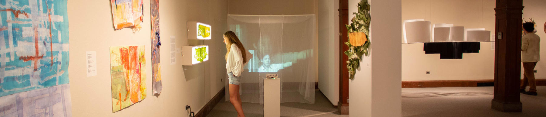 student in Cantor Art Gallery looking at artwork