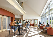 Eight students sitting at tables and couches at a social area at the entrance of Figge Hall