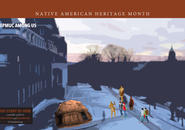 Composite image of "Nipmuc among us" features a stylized photo of Fenwick Hall overlaid with illustrations of a wetu and a mixture of contemporary and historical residents.