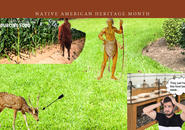 A composite image of grass and gardens with Nipmuc people hunting deer and growing corn.