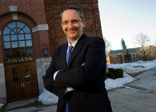 Osvaldo Golijov in front of Brooks Concert Hall at the College of the Holy Cross.