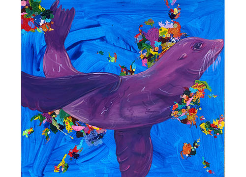 "Eddie" by Emma Waligory, acrylic paint, glass mosaic tiles, plastic buttons on canvas, 36 x 40 inches, 2020