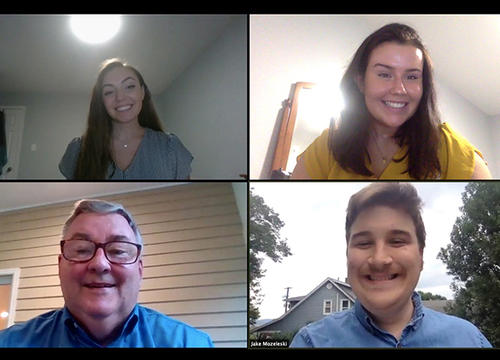 Caroline Fredericks '21, Caitlin Marple '21, and Jake Mozeleski '22 conduct a zoom call with coach Edward McDermott '79.