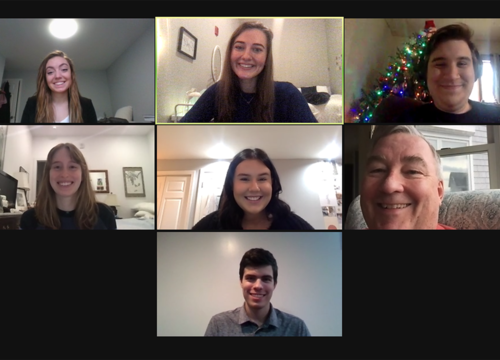 (Left to right) Caroline Fredericks '21, Bridget Whelpley '21, Jake Mozeleski '22, Alison Emery '23, Caitlin Marple '21, Ed McDermott '79 P10 P13, and Angelo Carbone '22.