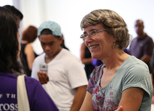 Professor Royden greets a student. Photo by Dan Vaillancourt