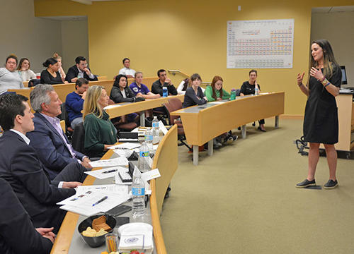 Photo of student presenting at a Shark Tank business competition