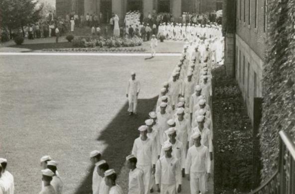 Members of the V-12 Class in front of St. Joseph Chapel in 1942