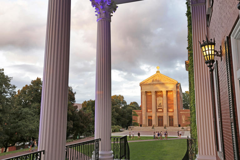 St. Joseph Memorial Chapel as seen from the steps of Fenwick Hall's Commencement Porch