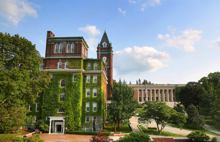 ivy-covered O'Kane Hall and Dinand Library