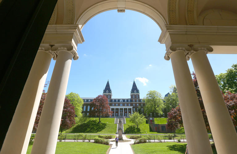 Fenwick Hall framed by Kimball Hall's columns
