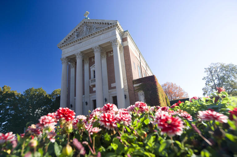 St. Joseph Memorial Chapel with flowers in the foreground