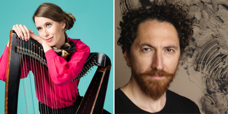 Two photos side by side. One is of a woman wearing a bright pink shirt leaning over a large harp and looking towards the ceiling as if dreaming. The other photo is of a man looking straight into the camera standing in front of black and white artwork hanging on a wall.