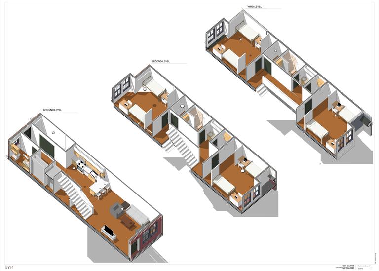Typical floor plan of townhouse. Drawing of a floorplan for a typical Townhouse apartment. It shows a ground level with a living area, kitchen, bathroom, bedroom and stairs going up. Second level shows two bedrooms, a bathroom, and stairs going up. Third level shows an identical floor plan to second floor.