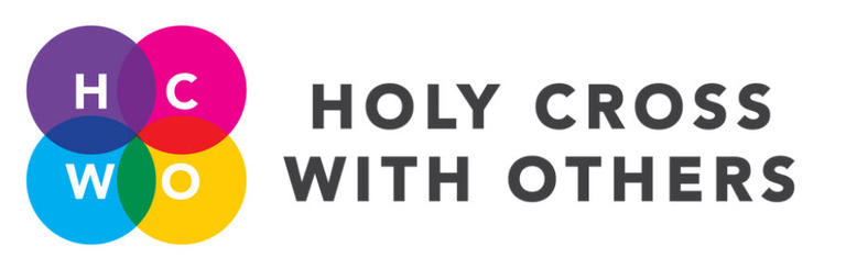 Blue, pink, yellow and purple circles each containing a letter of HCWO that make up the Holy Cross With Others Logo
