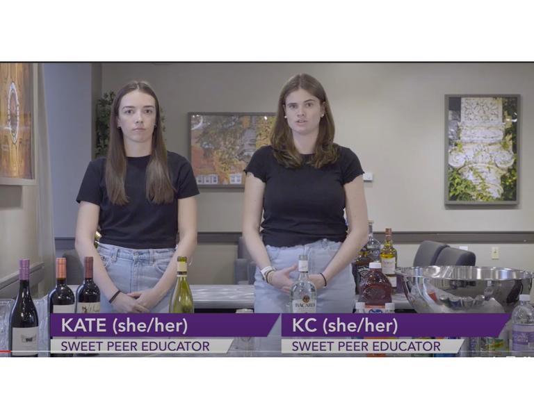 A stillshot from the video showing two people talking to the camera with bottles of alcohol in front of them.