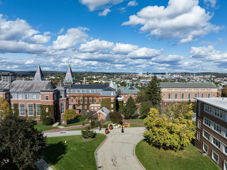 Aerial shot of campus on a sunny fall day in October
