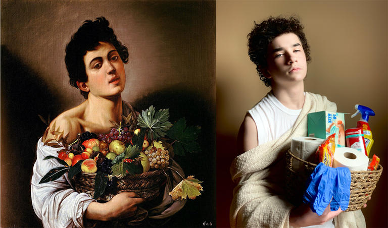 painting and a photo of a man holding a basket of cleaning supplies