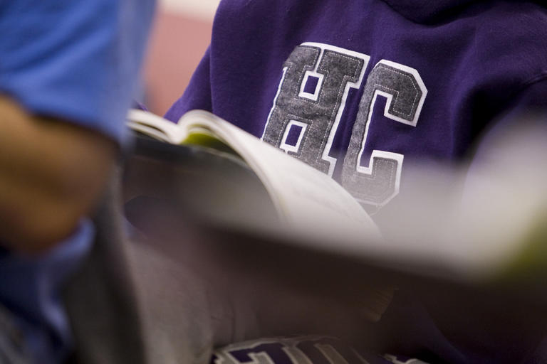 Close-up view of Holy Cross sweatshirt