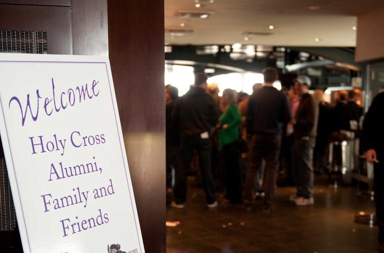 Welcome sign at entrance to networking reception