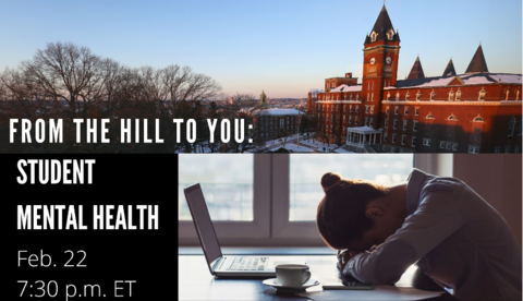 Stressed student facing laptop and winter image of Fenwick Hall