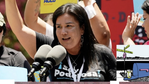 Snippet from the event poster. A woman is standing at a podium outside with her hand up, fist clenched and speaking into a microphone.