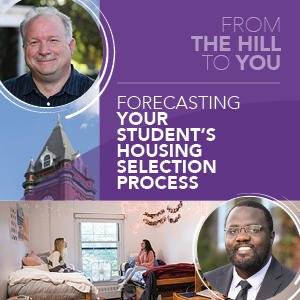 Image of Fenwick Hall tower, 2 staff headshots, residence hall room
